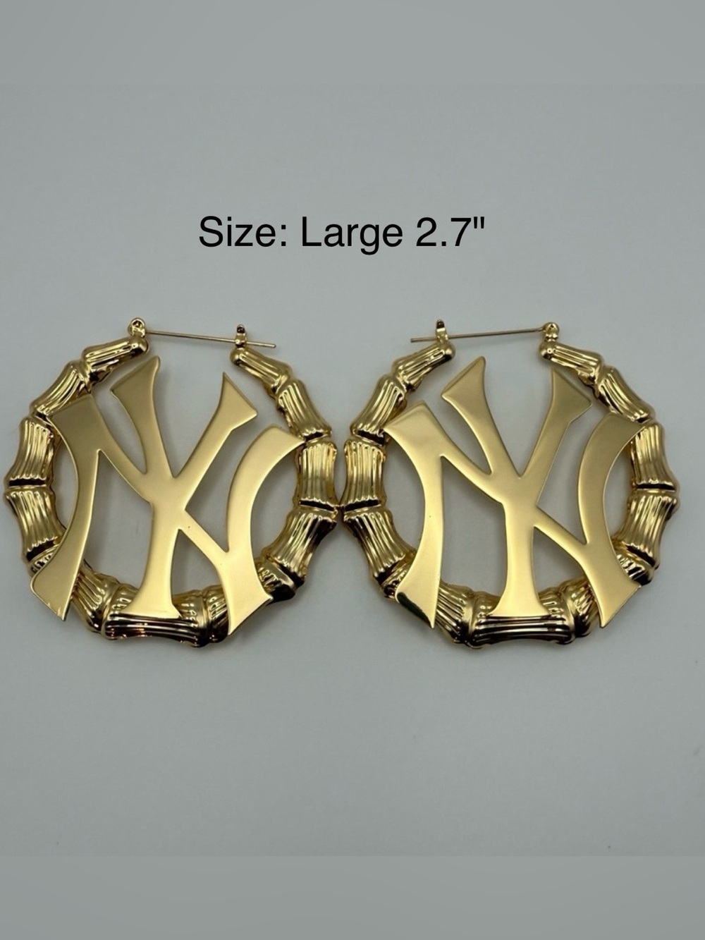 NEW "NY" 2.7" (Large) 18k GOLD PLATED LOGO BAMBOO HOOP EARRINGS